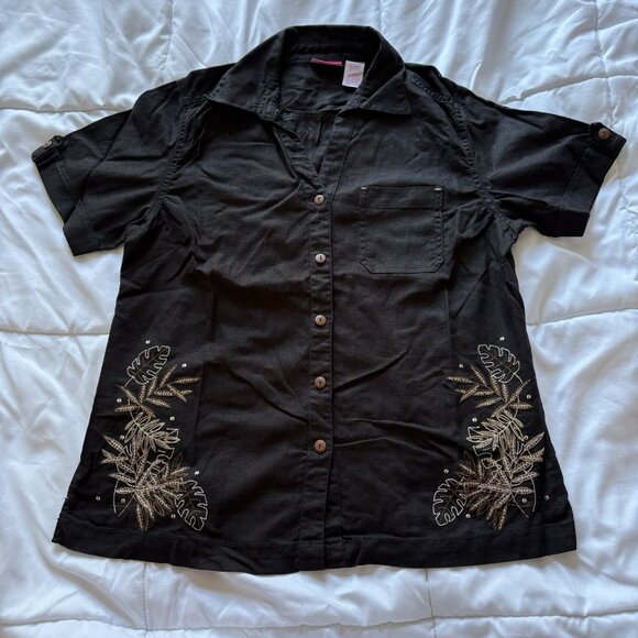 Vintage 90s Y2K Womens Small Black Floral Embroidered Button Up Shirt Linen - Picture 1 of 9